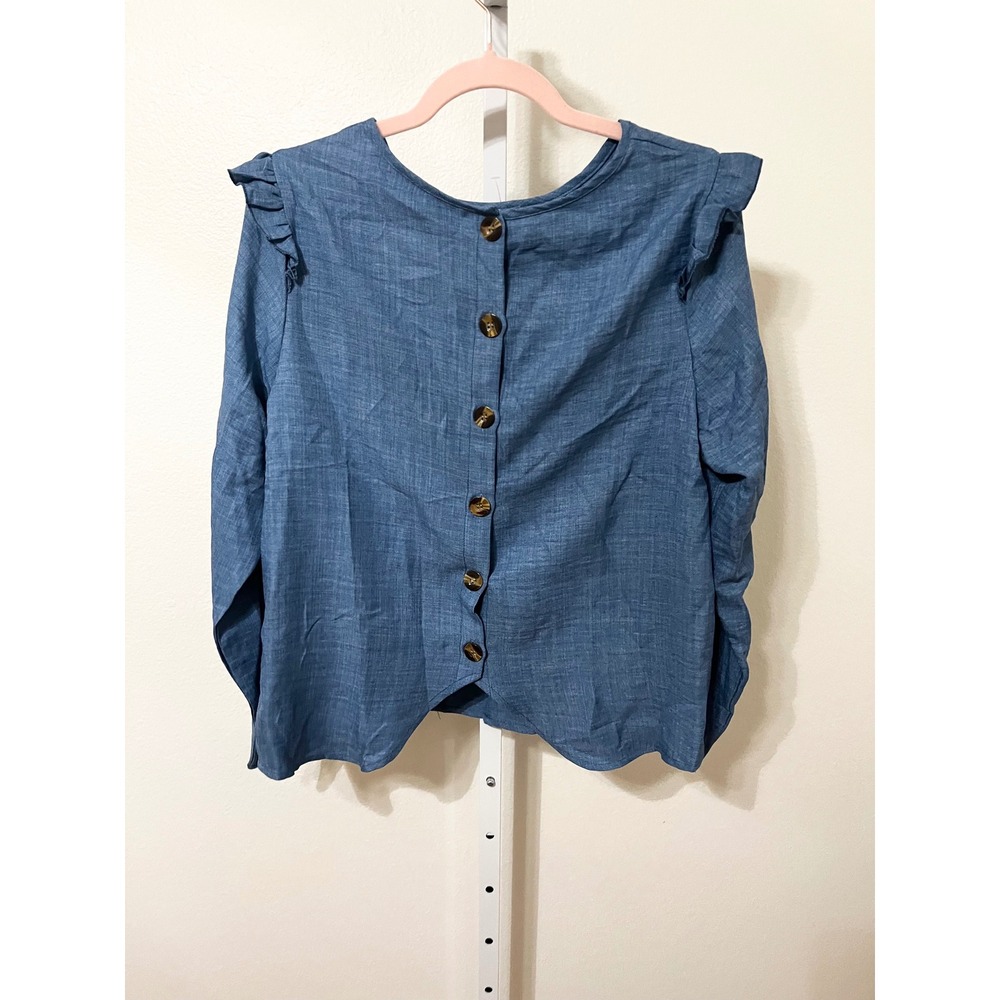 NWT Cupshe Boho Chambray Long Sleeve Ruffle Blouse Top Large - Picture 3 of 7